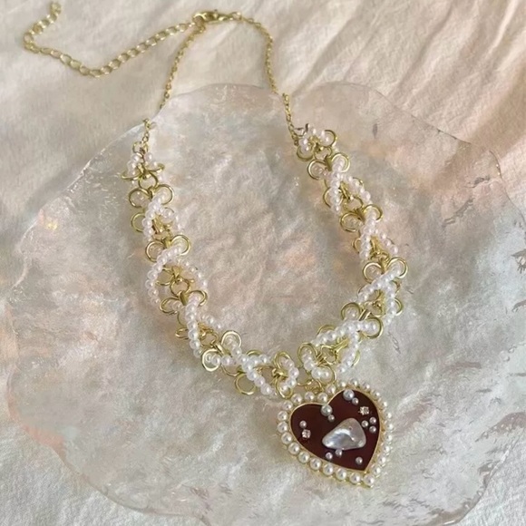 “Red Heart Sea of Pearls” Flake Shard Float Drift Love Romance Ocean Necklace - Picture 9 of 16